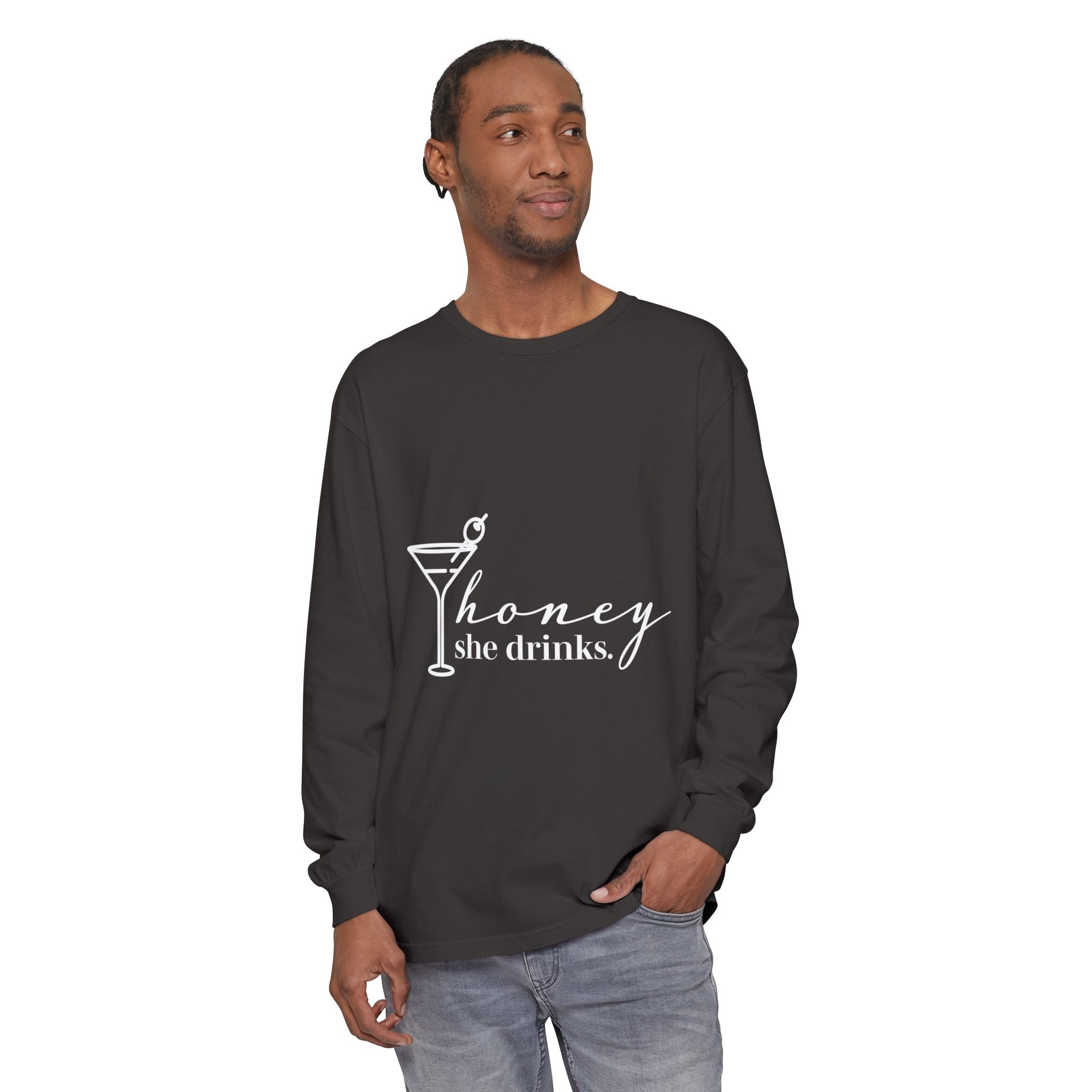 Honey She Drinks Garment-dyed Long Sleeve T-Shirt