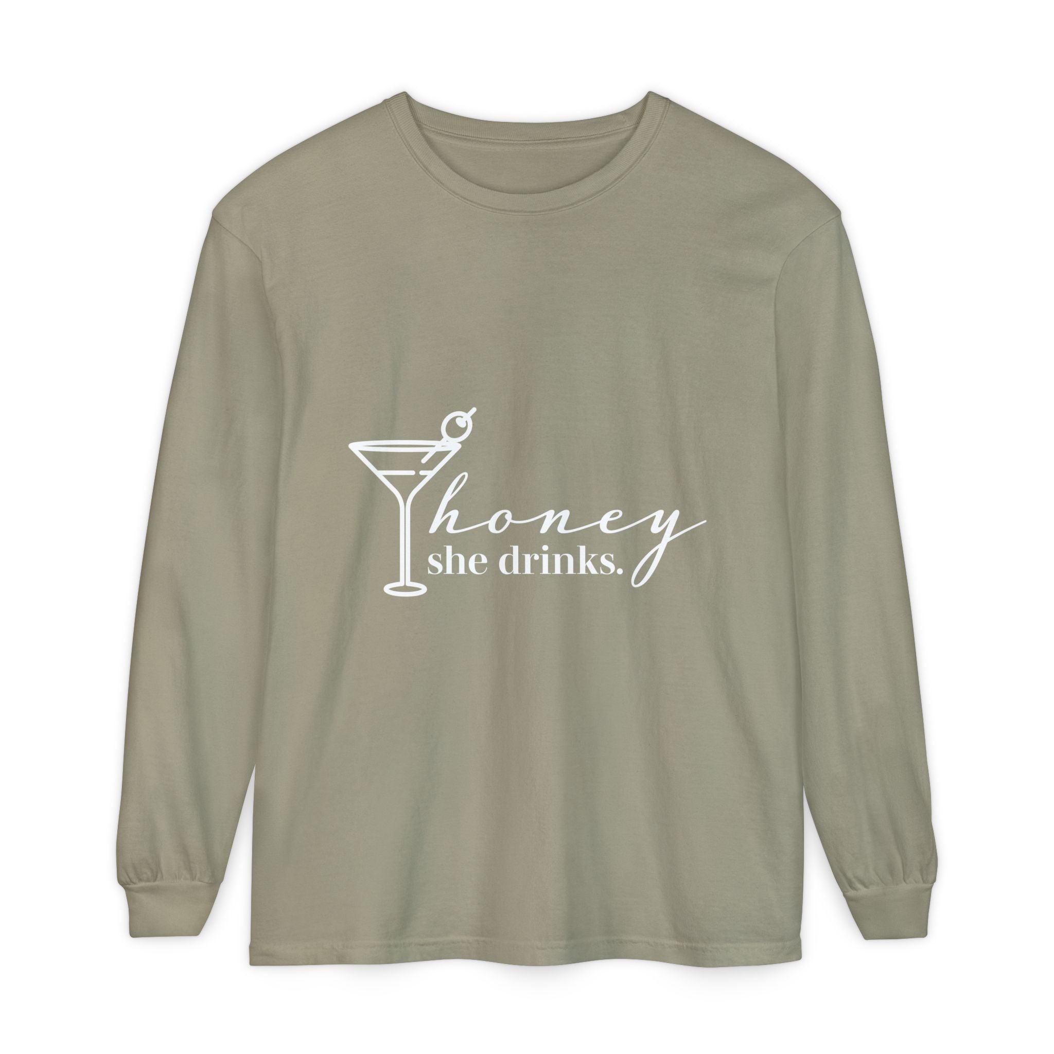 Honey She Drinks Garment-dyed Long Sleeve T-Shirt