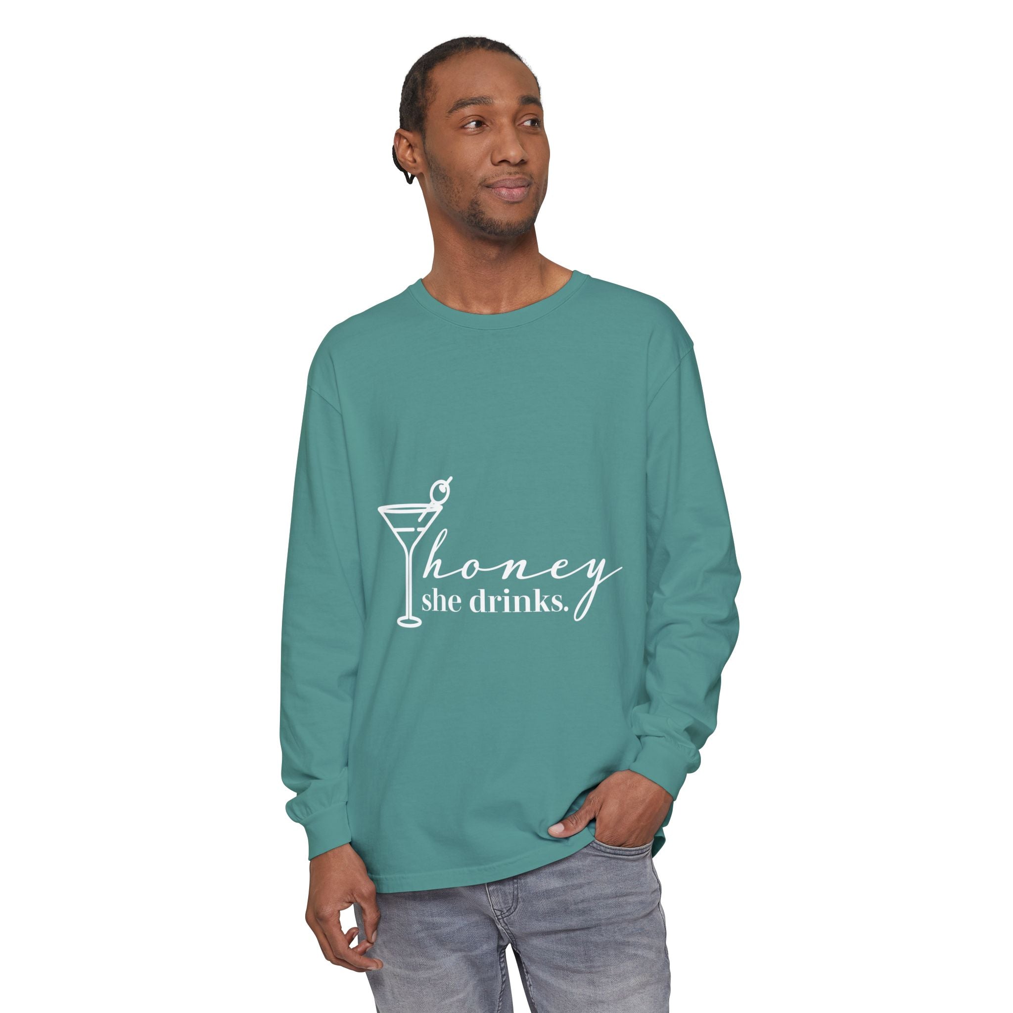 Honey She Drinks Garment-dyed Long Sleeve T-Shirt
