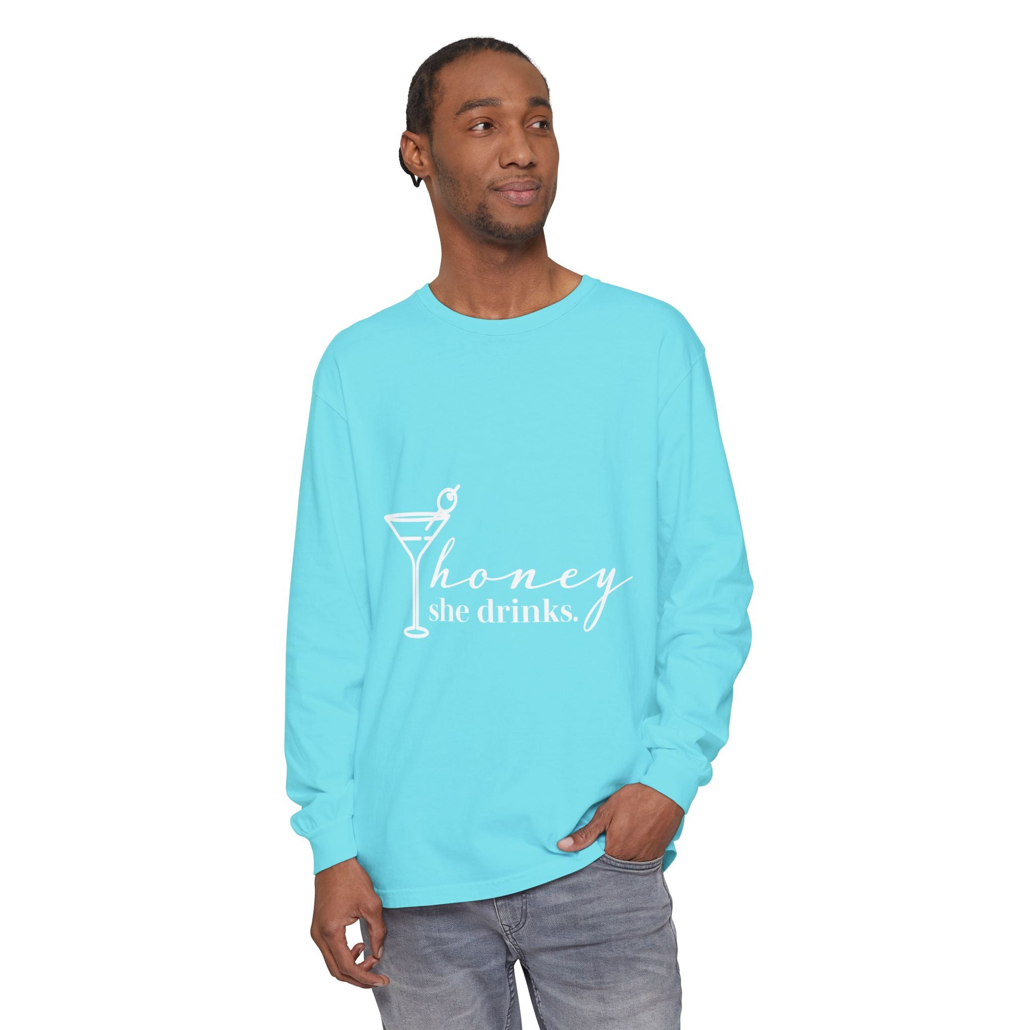 Honey She Drinks Garment-dyed Long Sleeve T-Shirt