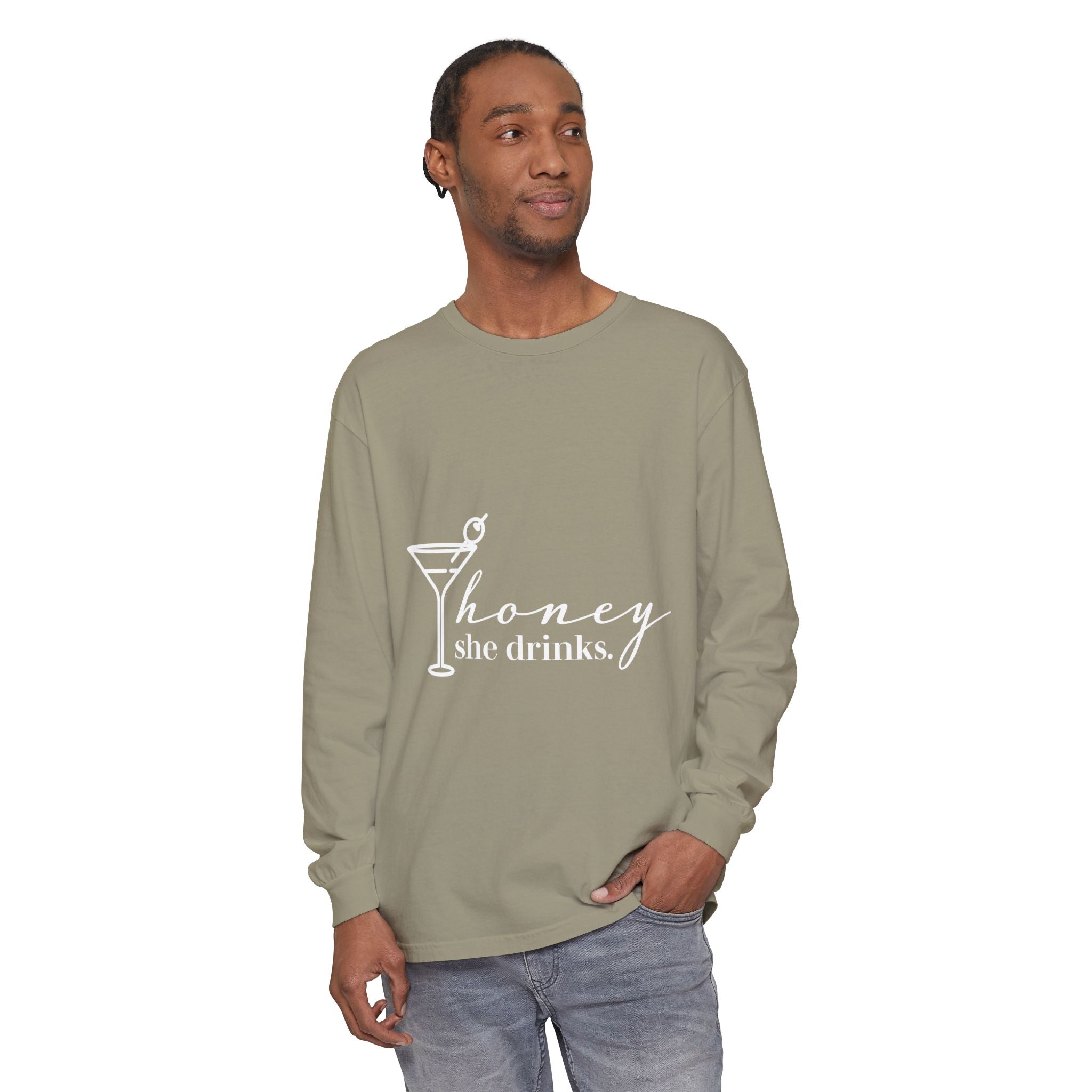 Honey She Drinks Garment-dyed Long Sleeve T-Shirt