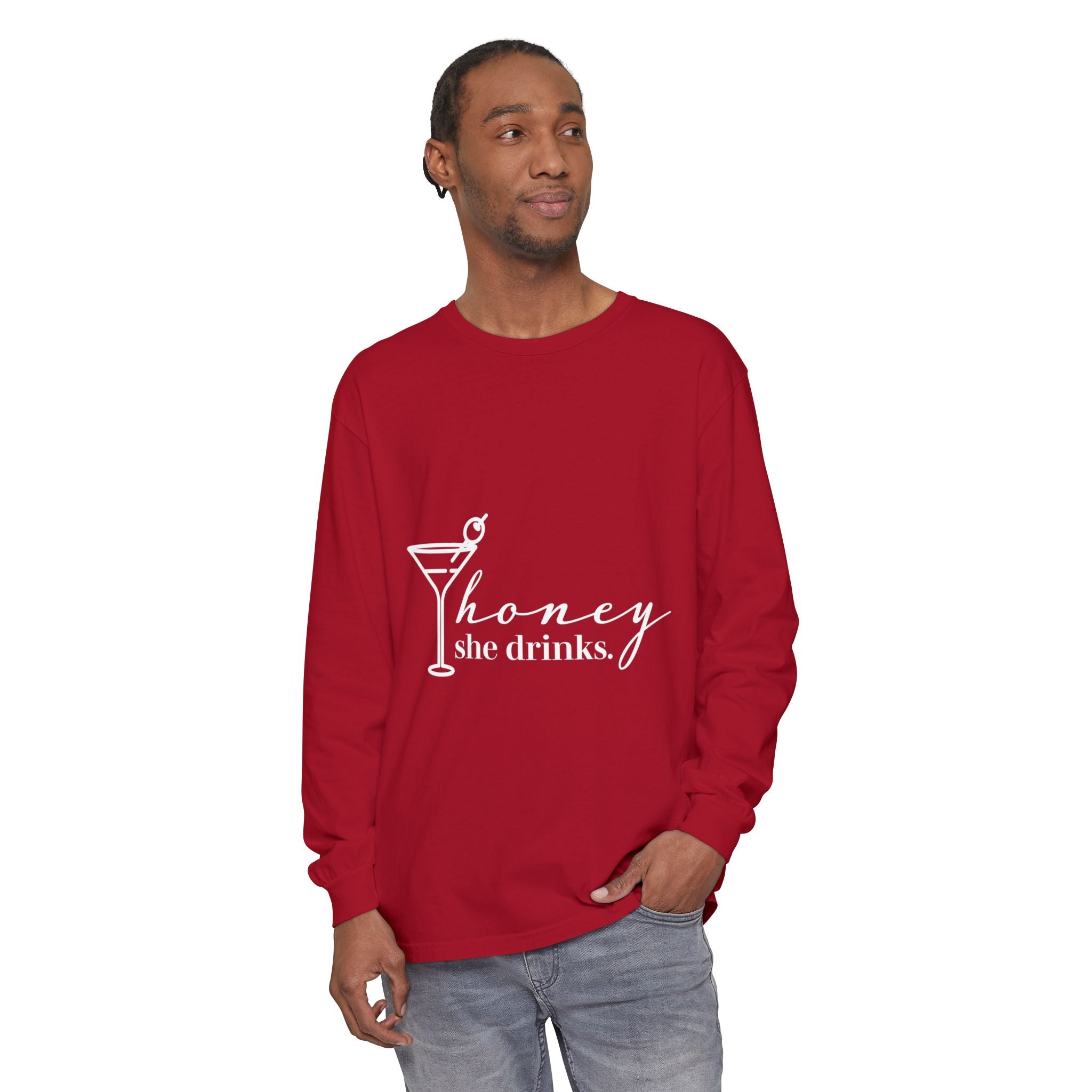 Honey She Drinks Garment-dyed Long Sleeve T-Shirt