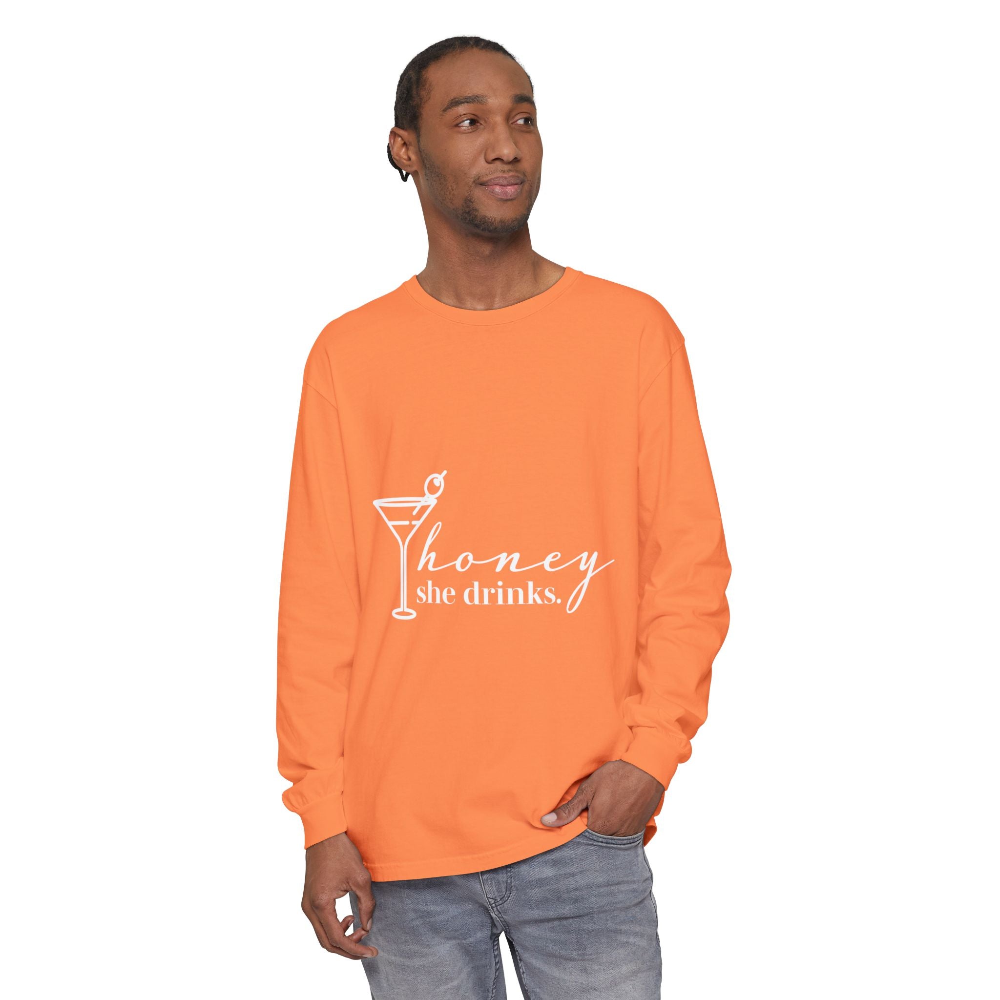 Honey She Drinks Garment-dyed Long Sleeve T-Shirt
