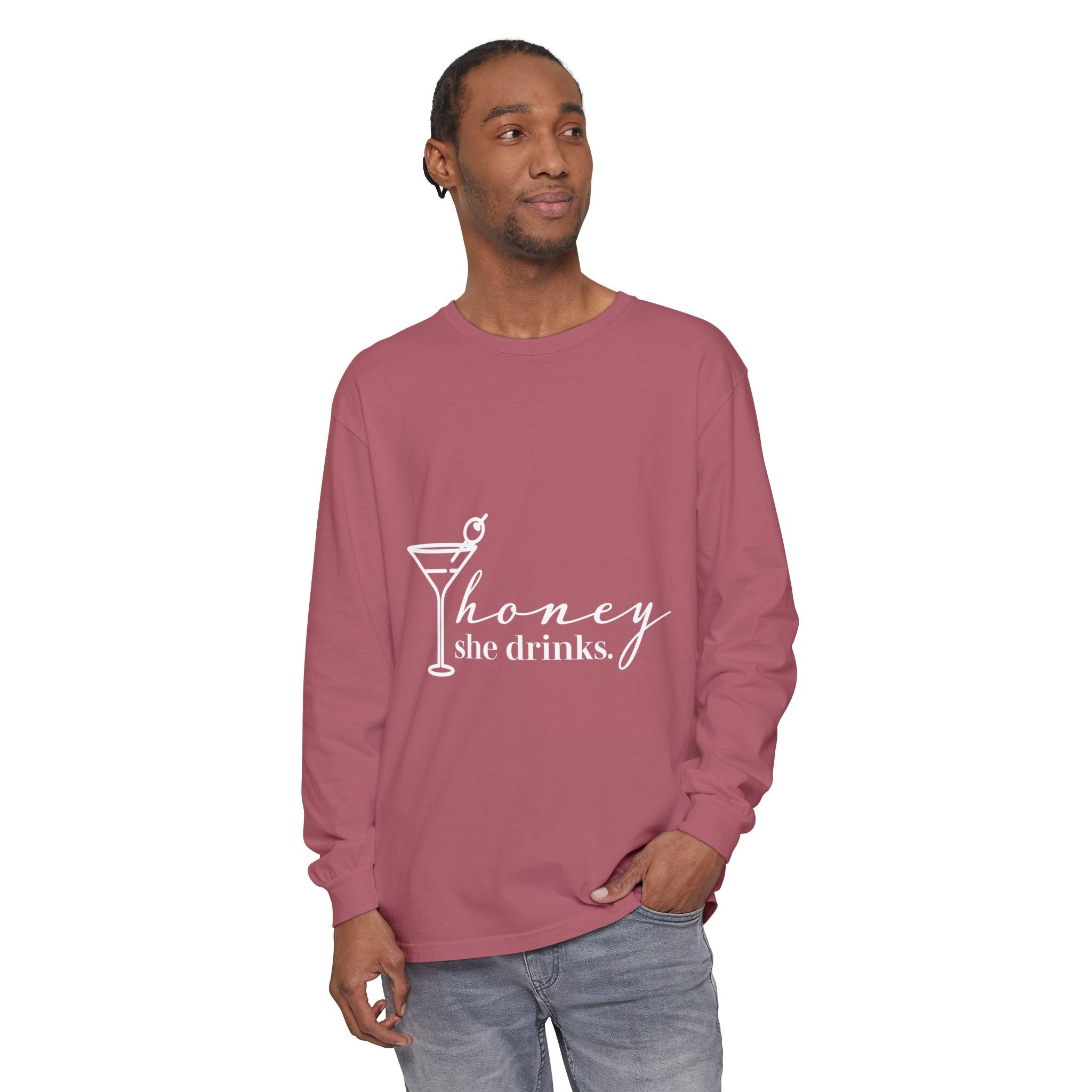 Honey She Drinks Garment-dyed Long Sleeve T-Shirt